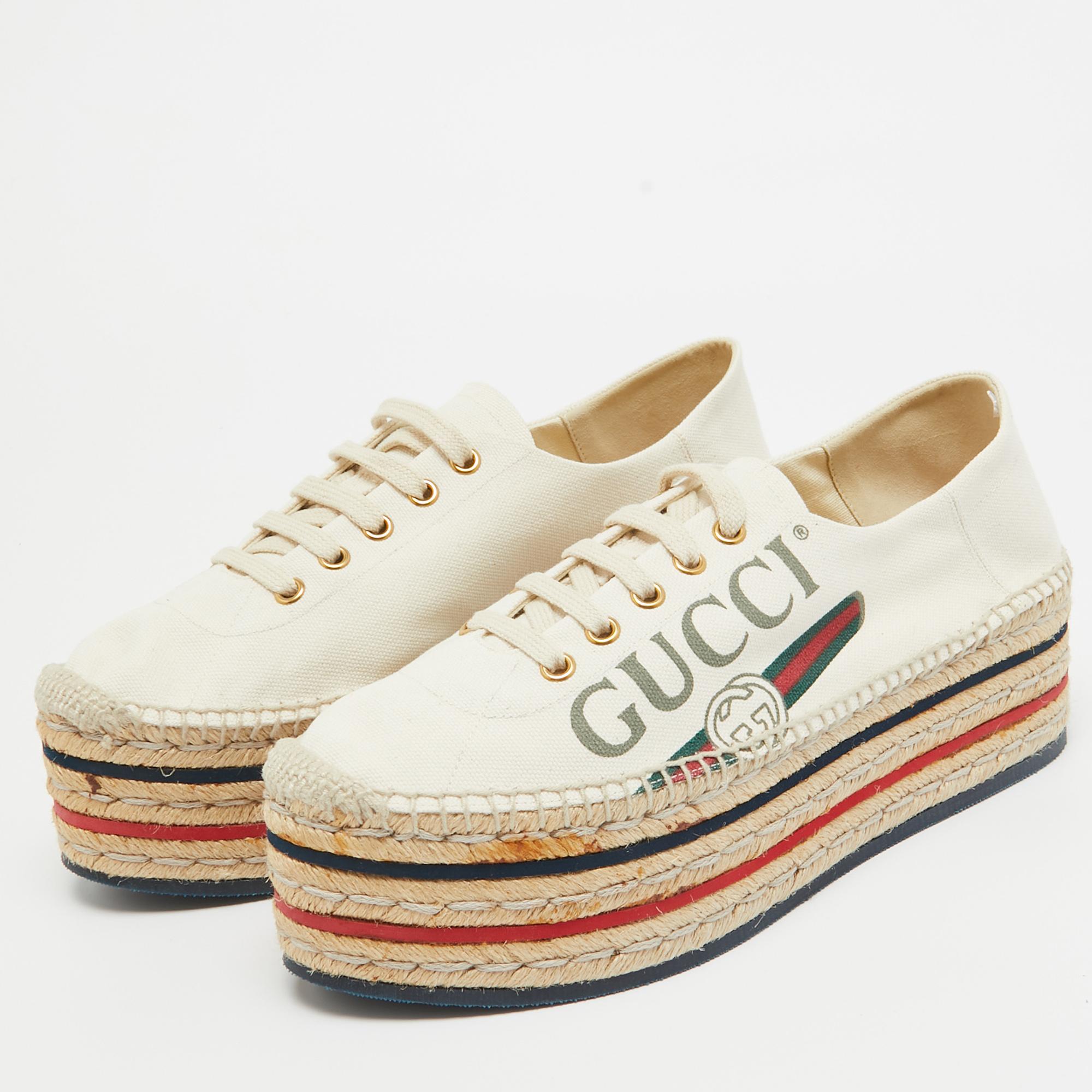 Gucci Off White Canvas logo Lilibeth Espadrille Sneakers Size 39 For Sale 4
