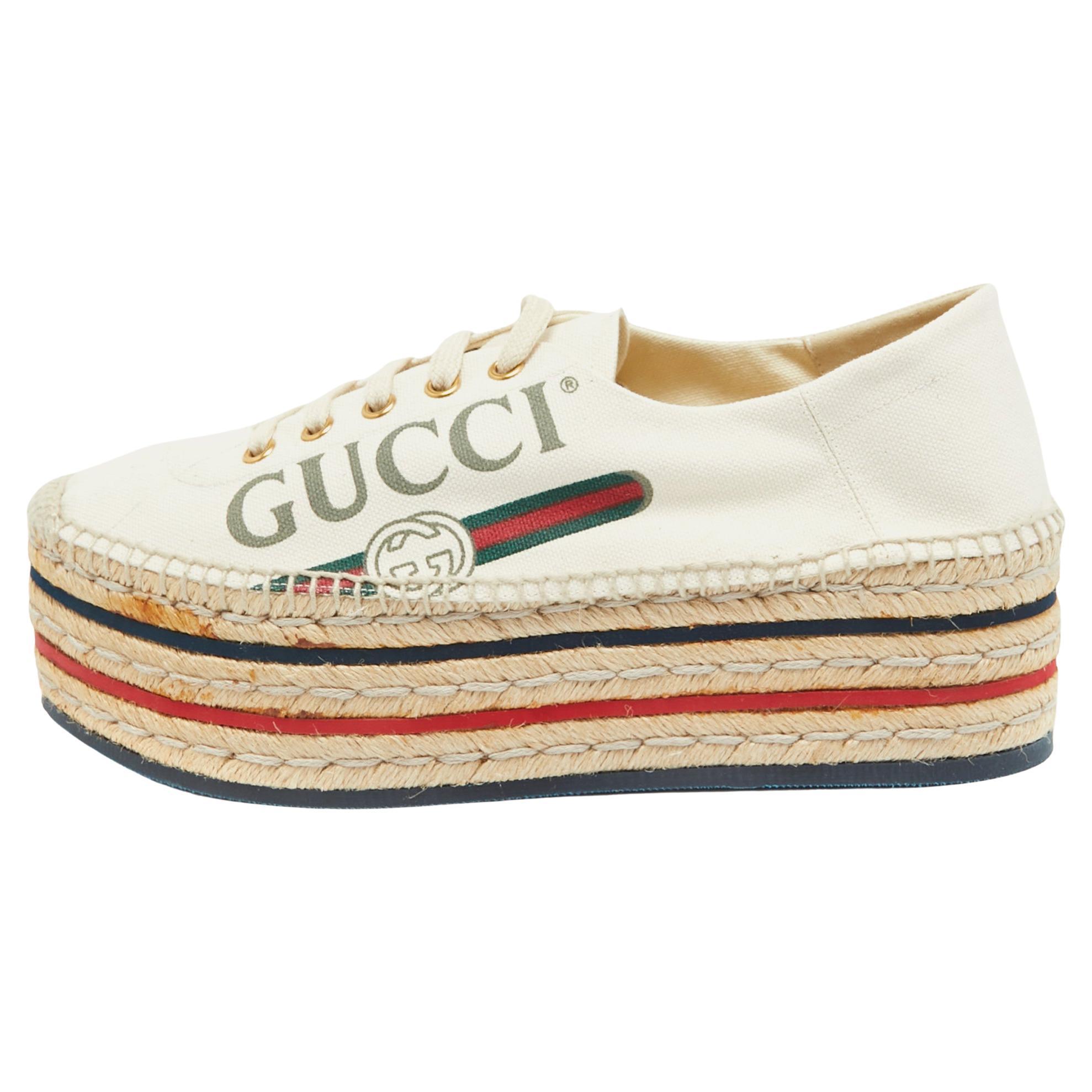 Gucci Off White Canvas Logo Lilibeth Espadrille Turnschuhe Größe 39 im Angebot