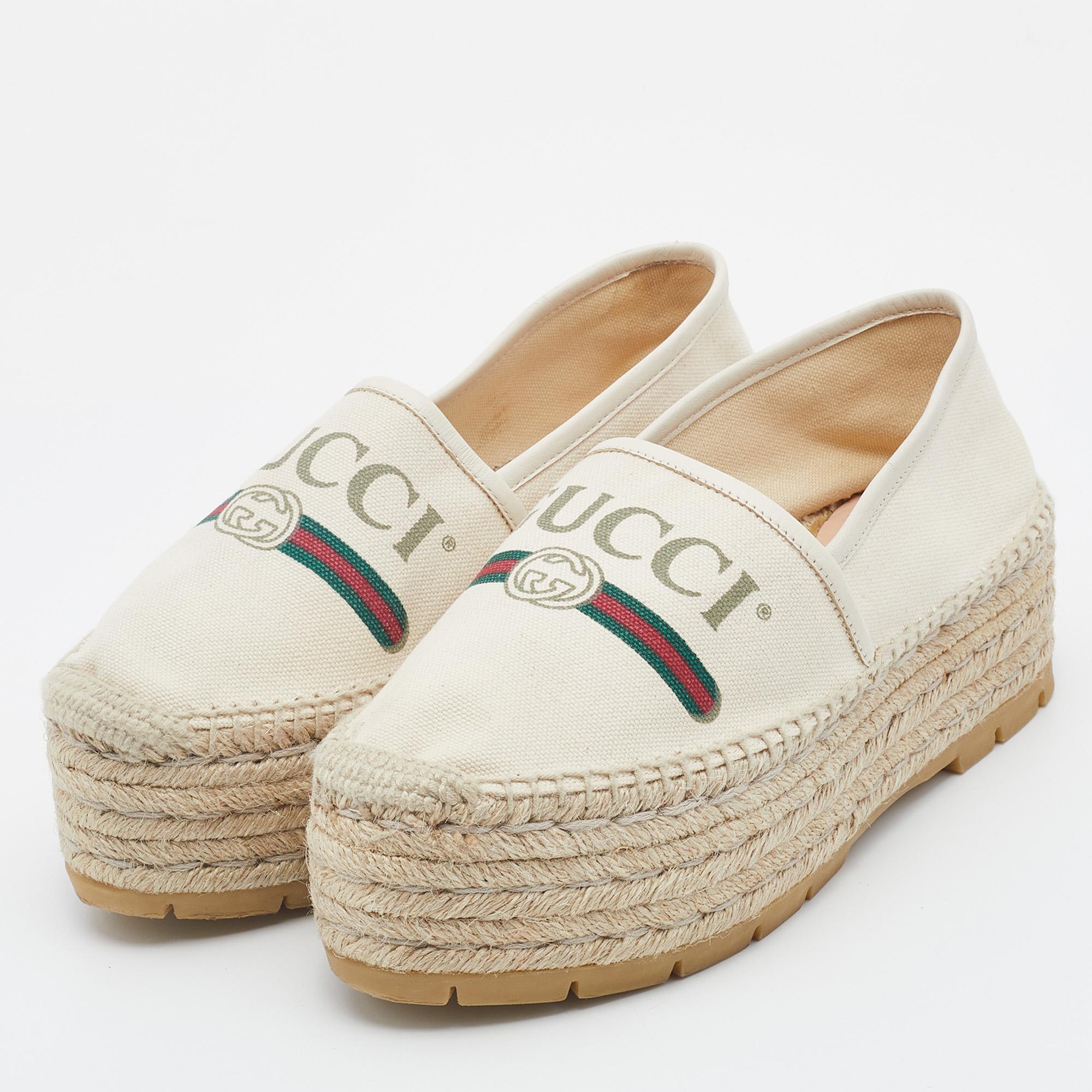 Women's Gucci Off White Canvas Logo Platform Espadrille Flats Size 37