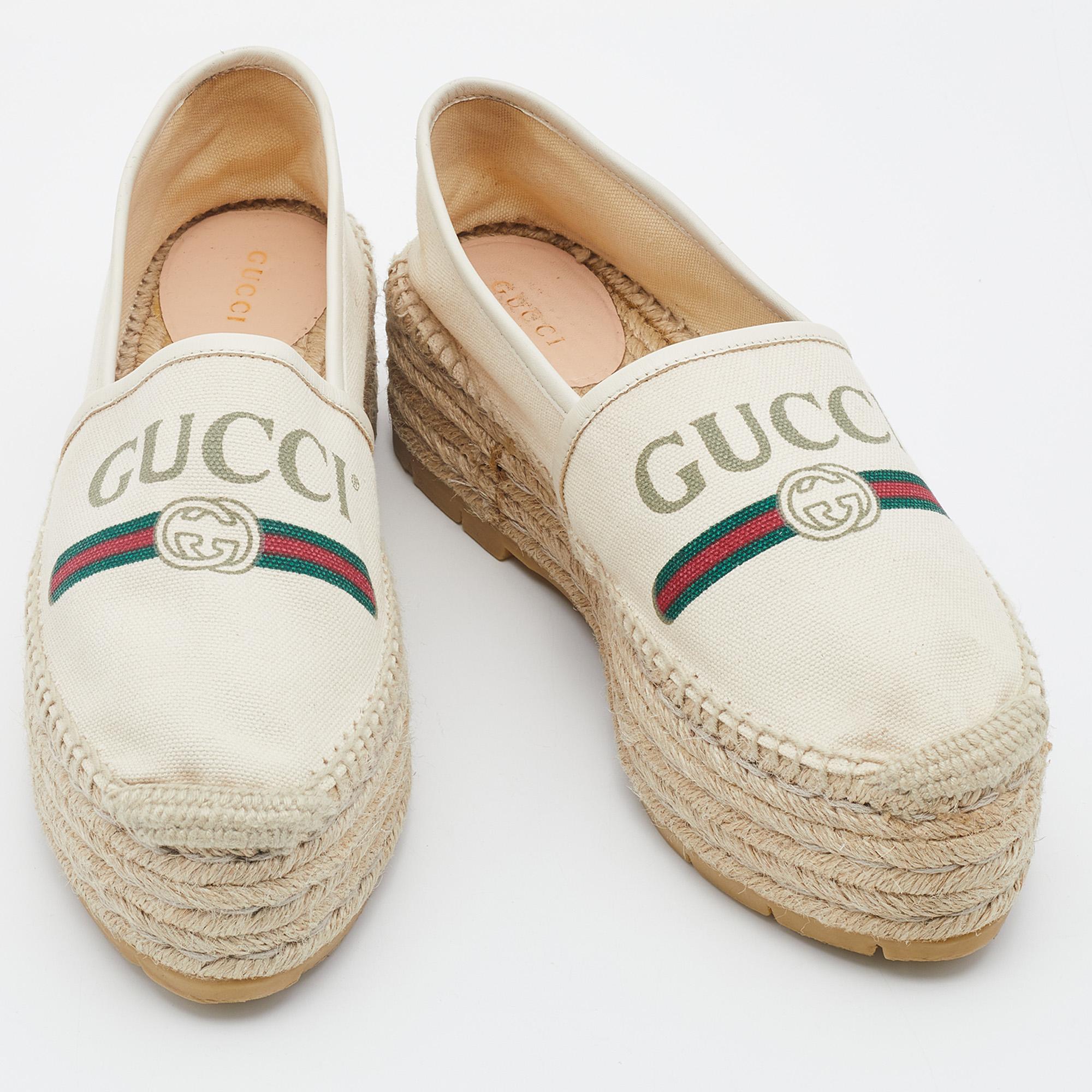 Gucci Off White Canvas Logo Platform Espadrille Flats Size 37 1