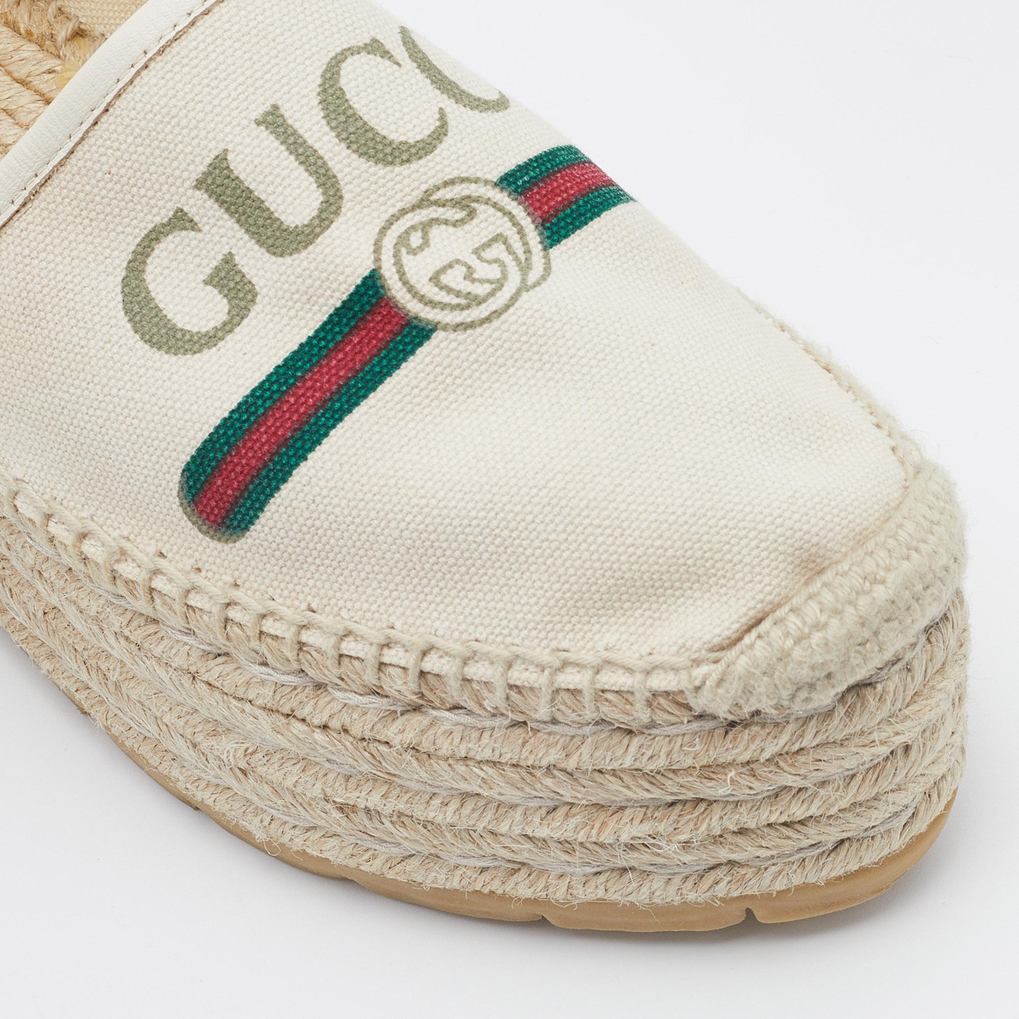 Gucci Off White Canvas Logo Platform Espadrille Flats Size 37 3