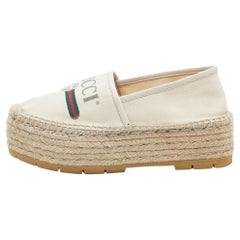 Gucci Off White Canvas Logo Platform Espadrille Flats Size 37