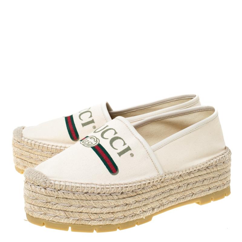 Gucci Off White Canvas Logo Platform Espadrilles Size 39.5 2