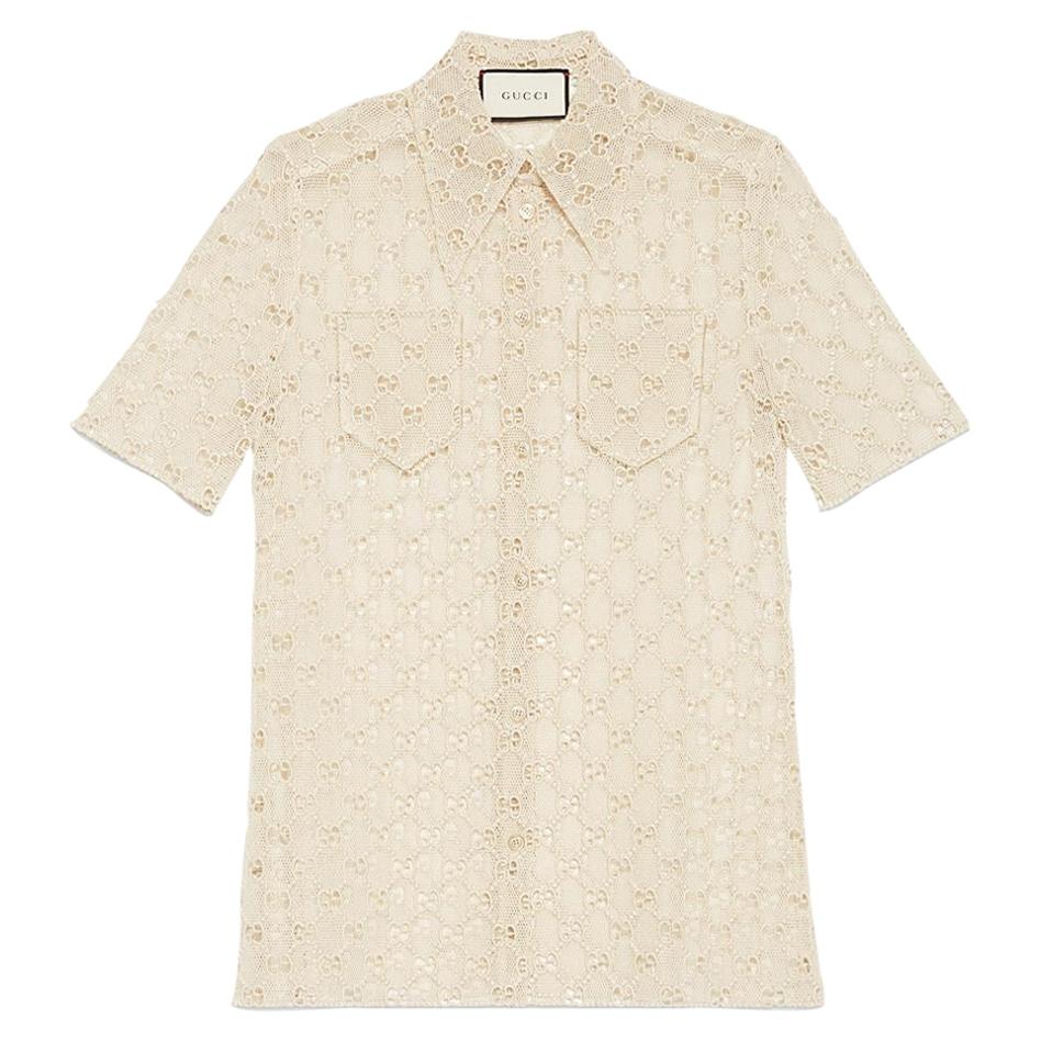 GUCCI off-white cotton GG MACRAME Short Sleeve Button Up Shirt Blouse 40 S