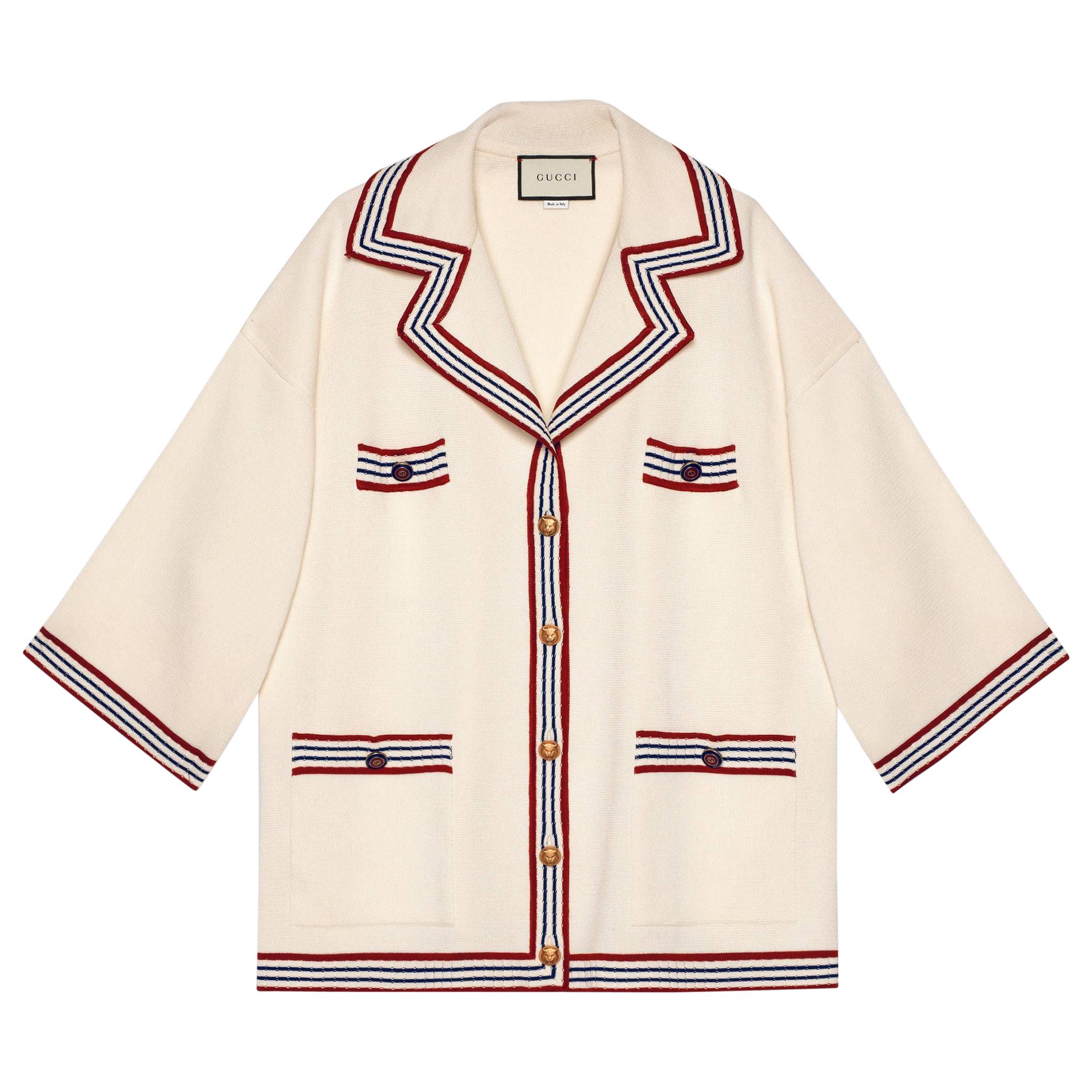 Cardigan surdimensionné Gucci en coton et soie rayé blanc cassé, taille S en vente