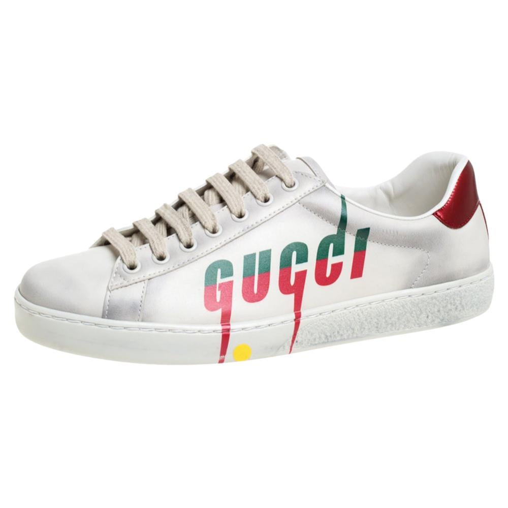 Gucci Off White Distressed Leather Ace Blade Print Low Top Sneakers Size 40.5