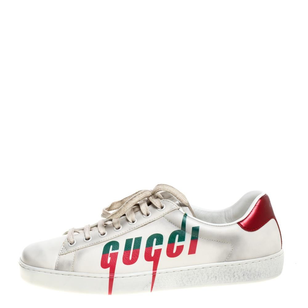 Men's Gucci Off White Distressed Leather Ace Blade Print Low Top Sneakers Size 42