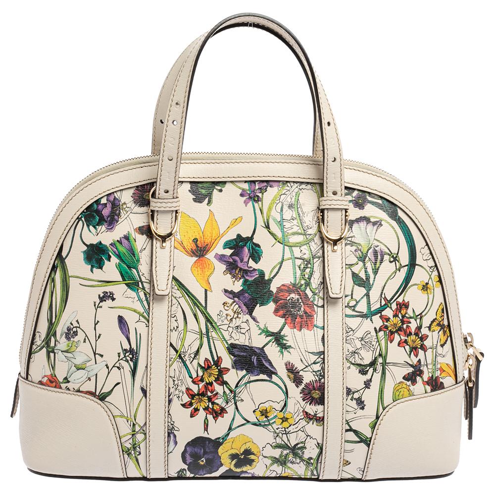 Light up your closet with this Nice satchel from Gucci today. Crafted from leather, this stunning number features a floral printed exterior. It comes with dual handles, protective metal feet at the bottom, and a canvas-lined interior.

Includes:
