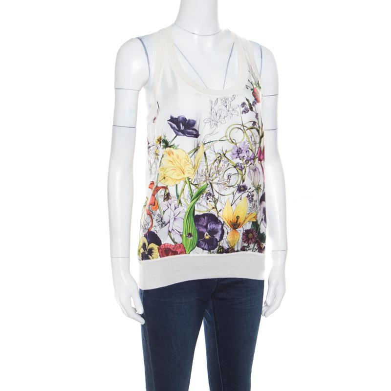 Gray Gucci Off White Floral Printed Silk Paneled Knit Sleeveless Top M