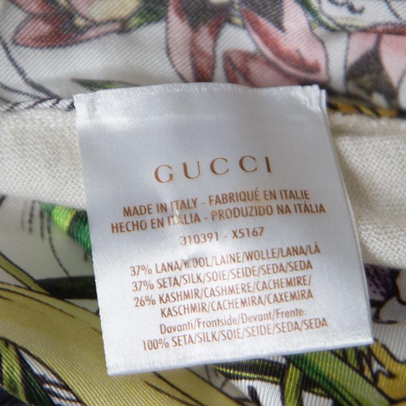 Gucci Off White Floral Printed Silk Paneled Knit Sleeveless Top M In Good Condition In Dubai, Al Qouz 2