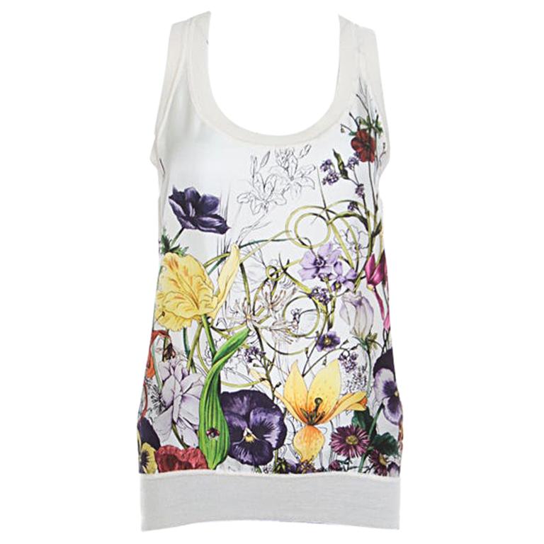 Gucci Off White Floral Printed Silk Paneled Knit Sleeveless Top M For ...