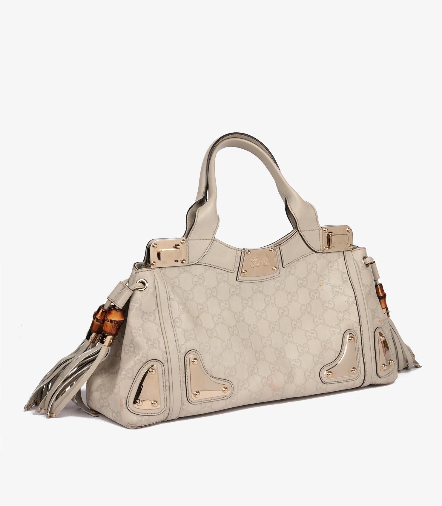 Gucci Off White GG Embossed Guccissima Leather Medium Tassle Race Tote In Excellent Condition In Bishop's Stortford, Hertfordshire