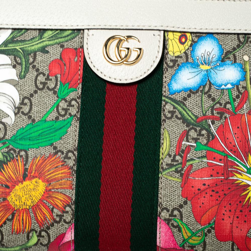 Gucci Off-White GG Supreme Canvas and Leather Small Ophidia Floral Chain Bag 3
