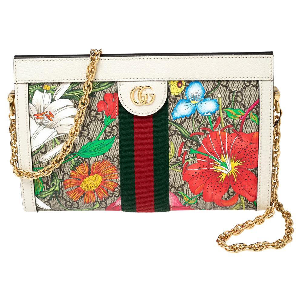 Gucci Off-White GG Supreme Canvas and Leather Small Ophidia Floral Chain Bag