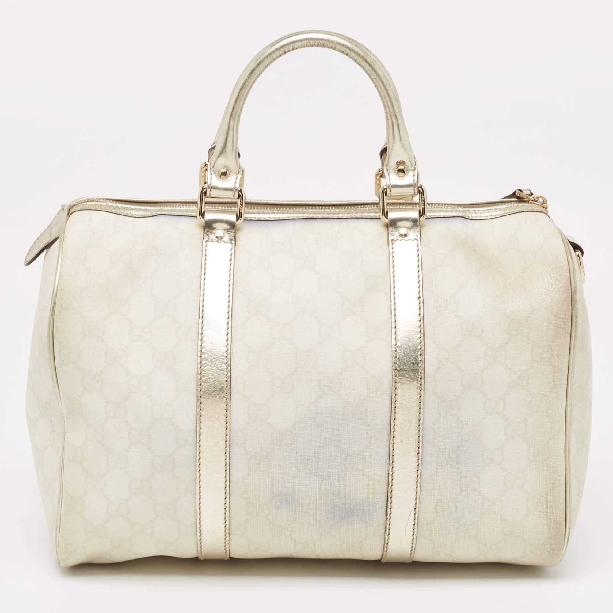 Women's Gucci Off White/Gold GG Supreme Canvas and Glossy Leather Medium Joy Boston Bag