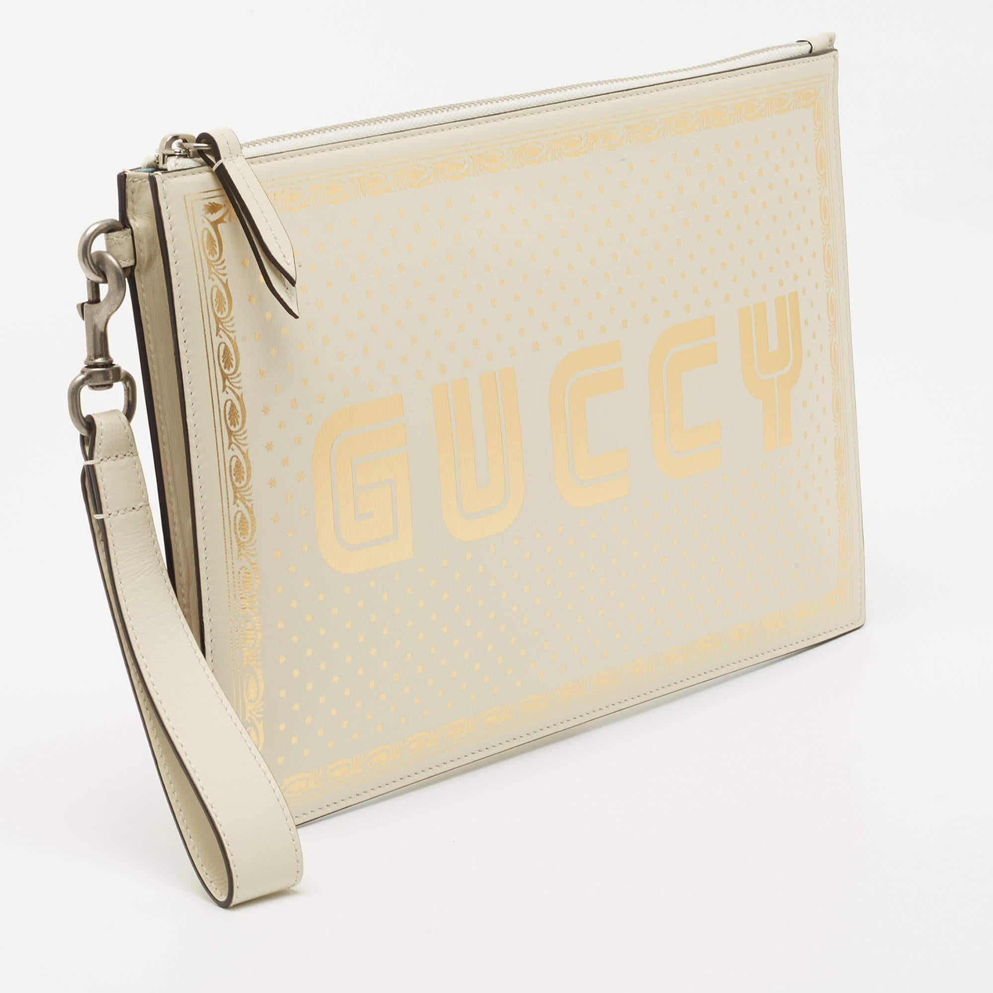 Beige Gucci Off White/Gold Leather Guccy Zip Wristlet Pouch For Sale