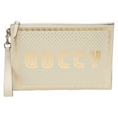 Gucci Off White/Gold Leather Guccy Zip Wristlet Pouch