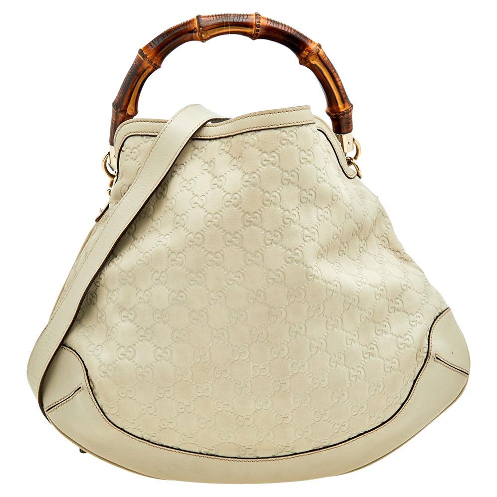 Gucci Off White Guccissima Leather Peggy Bamboo Top Handle Bag
