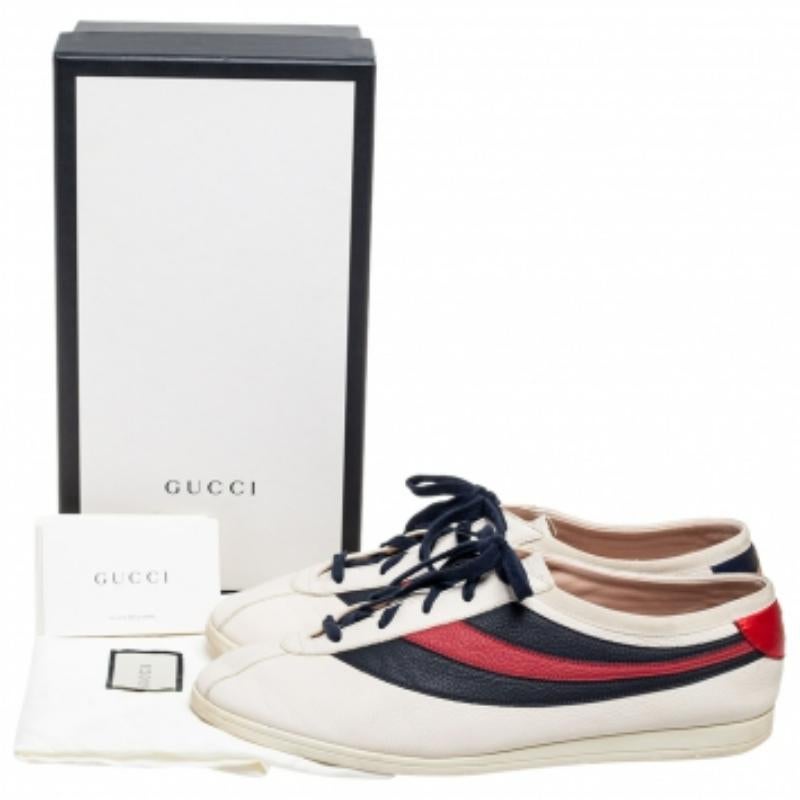 Gucci Off White Leder Flacer Web Low Top Sneakers Größe 44 im Angebot 2