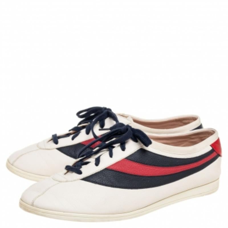 Gucci Off White Leder Flacer Web Low Top Sneakers Größe 44 im Angebot 3