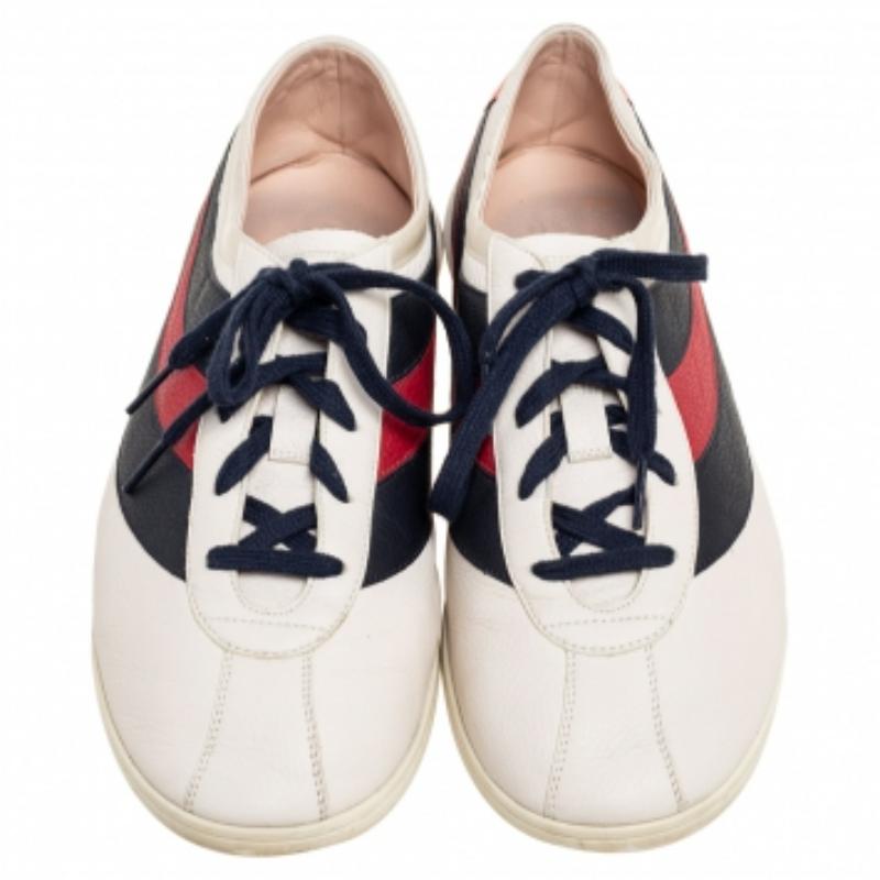 Gucci Off White Leder Flacer Web Low Top Sneakers Größe 44 im Angebot 4