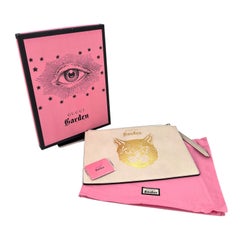 Gucci Off White Leather Garden Cat Zip Pouch Clutch Bag