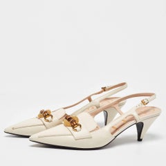 Gucci Off White Leather Horsebit Bamboo Slingback Mule Sandals Size 38.5