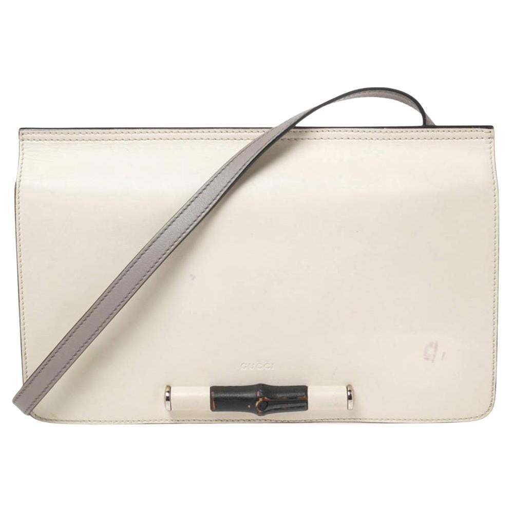 Gucci - Sac à rabat Lady Bamboo en cuir blanc cassé en vente