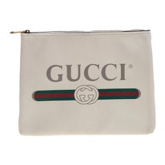 Gucci Off White Leather Logo Print Zip Pouch