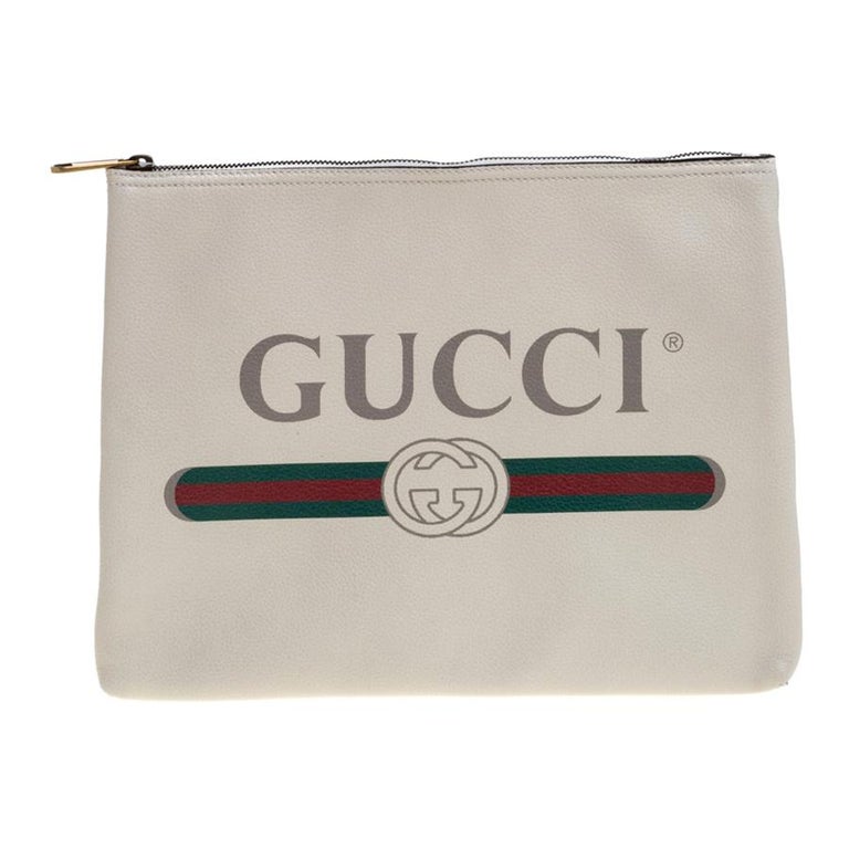 Gucci Off White Leather Logo Print Zip Pouch at 1stDibs