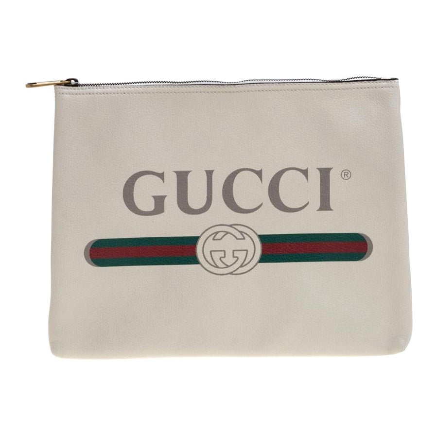 Gucci Beutel mit Reißverschluss aus weißem Leder mit Logodruck