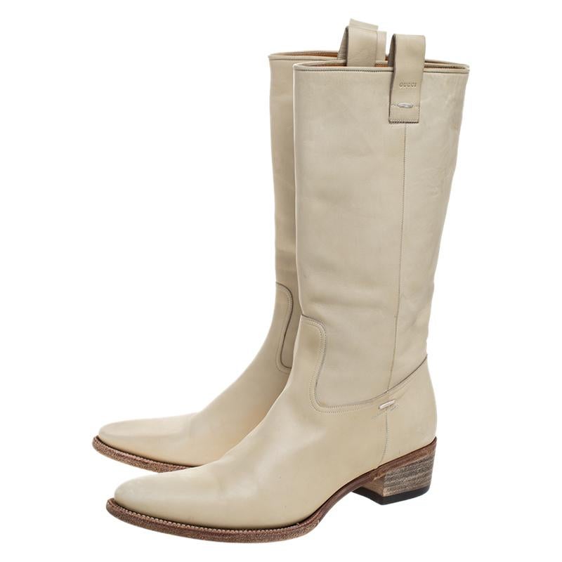 Beige Gucci Off-white Leather Mid Calf Round Toe Boots Size 41