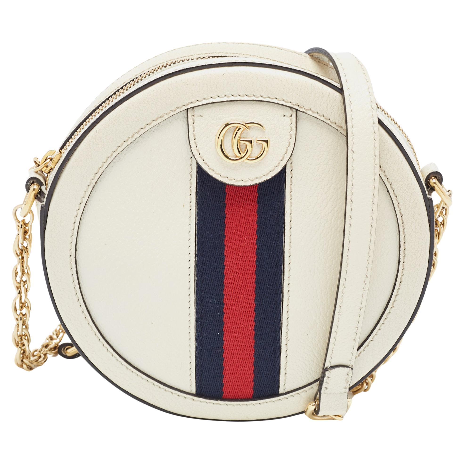 Gucci - Mini sac à bandoulière rond Ophidia en cuir blanc cassé en vente