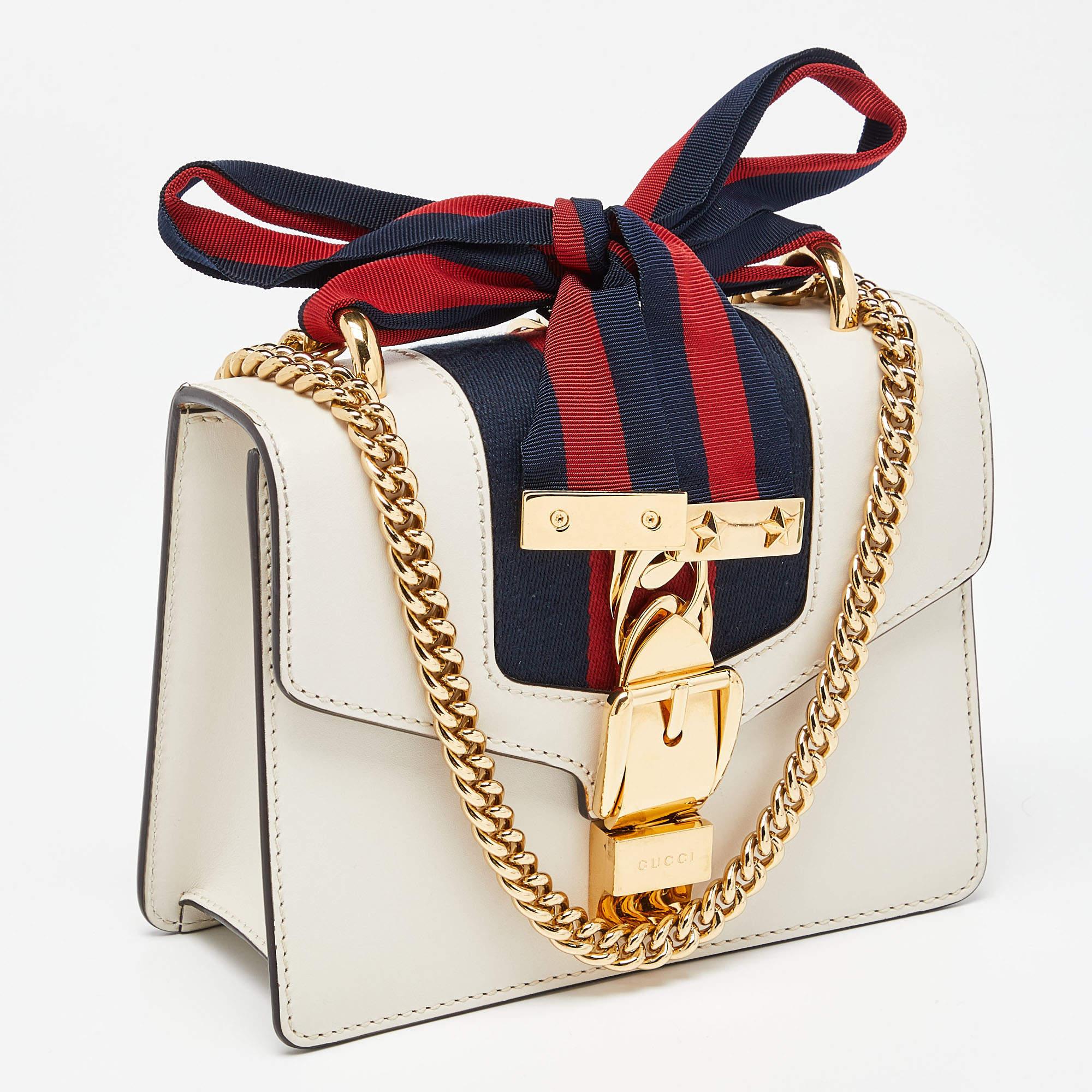 Women's Gucci Off White Leather Mini Web Chain Sylvie Crossbody Bag For Sale