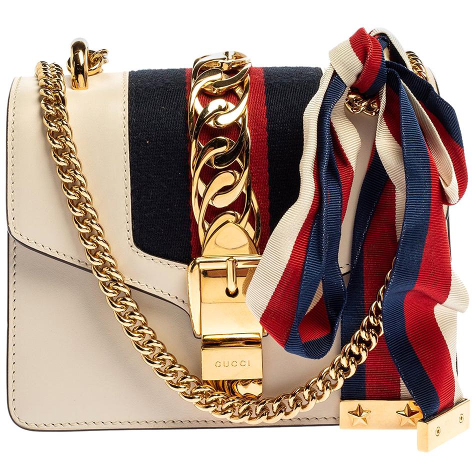 Gucci Off White Leather Mini Web Chain Sylvie Shoulder Bag