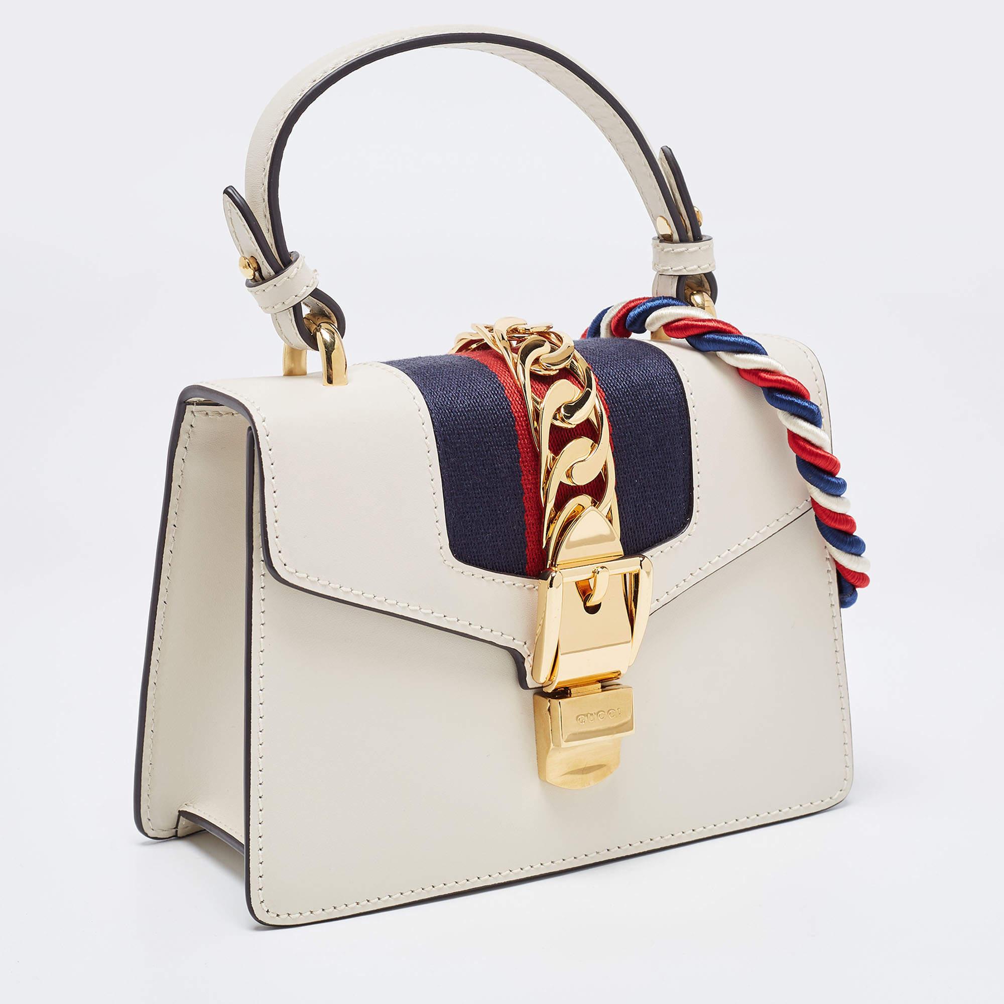 Gucci Off White Leather Mini Web Sylvie Top Handle Bag 8