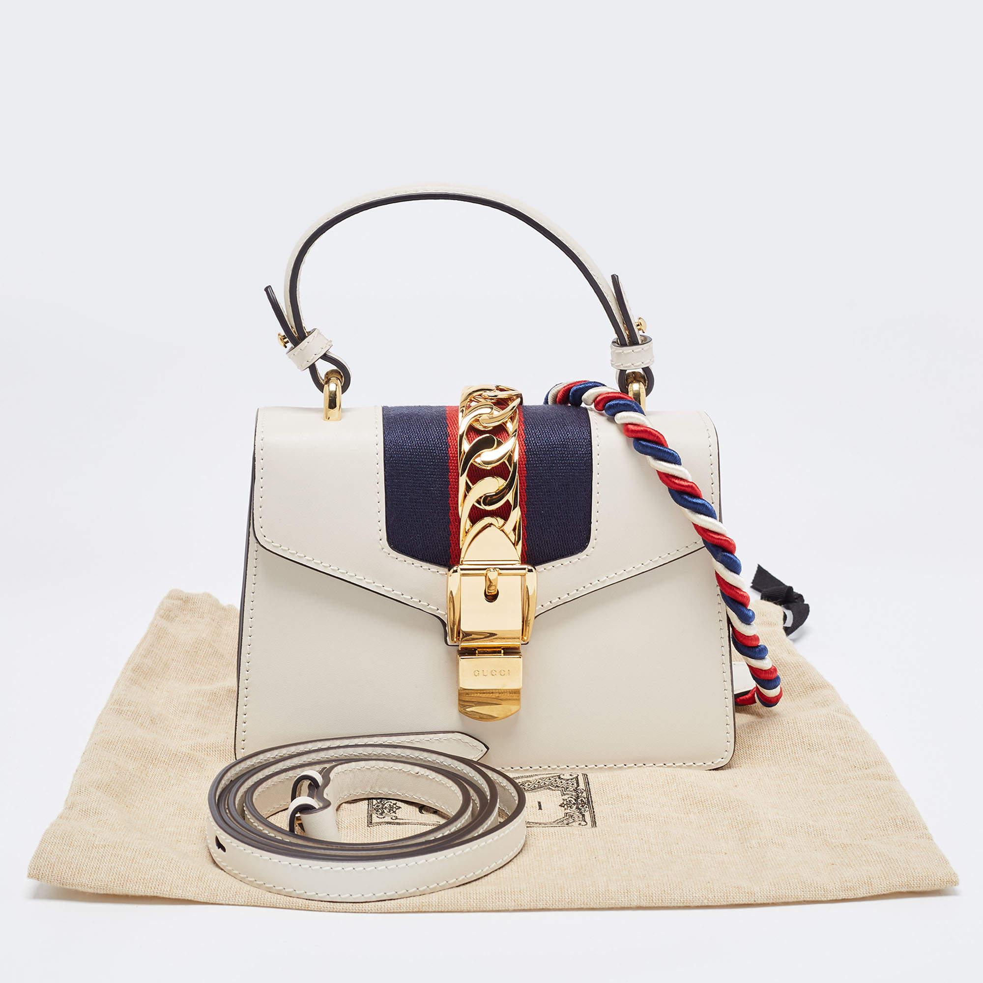 Gucci Off White Leather Mini Web Sylvie Top Handle Bag 10