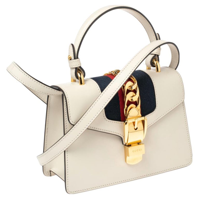 Gucci Off White Leather Mini Web Chain Sylvie Top Handle Bag at