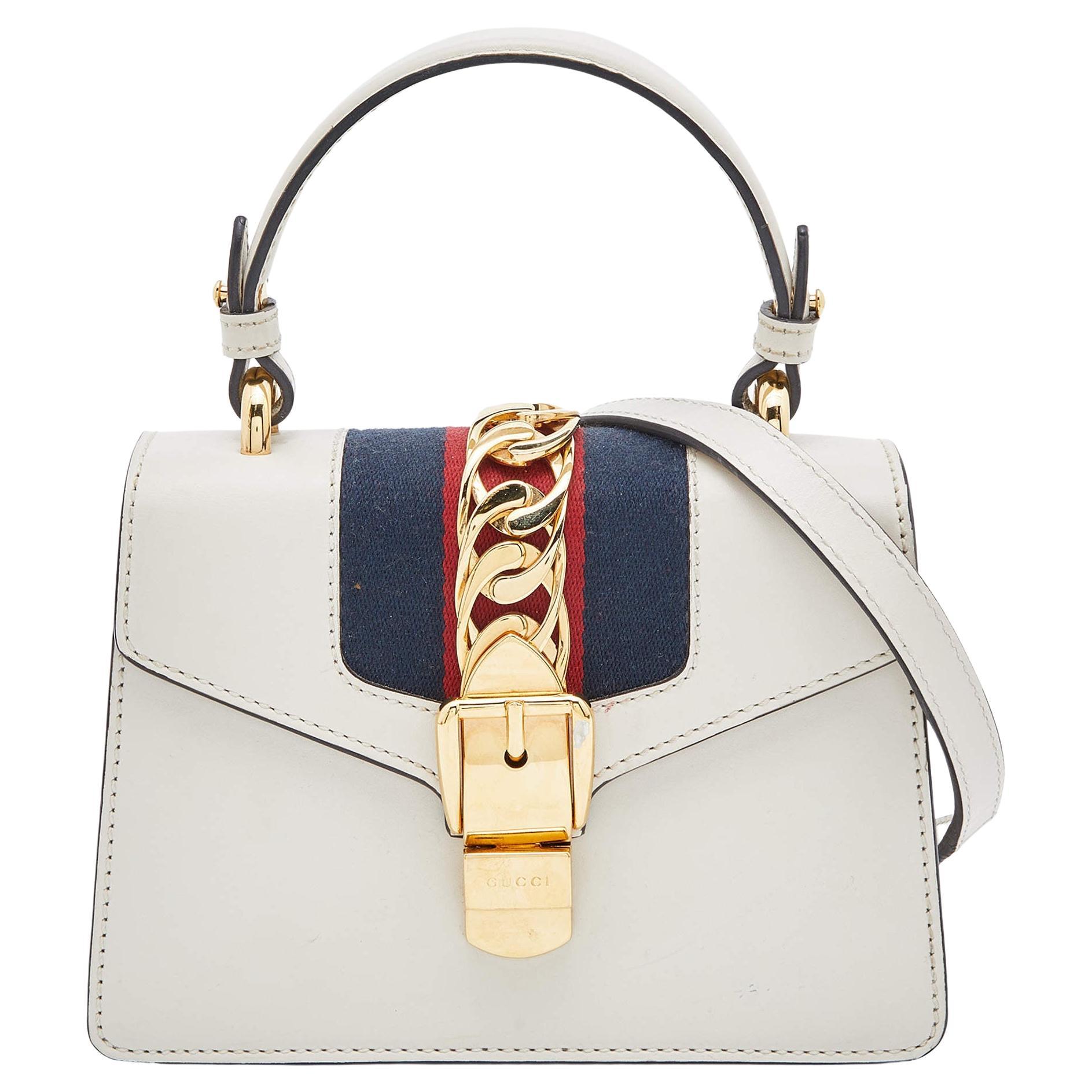 Gucci Off White Leather Mini Web Sylvie Top Handle Bag For Sale
