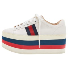Gucci Off White Leather Peggy Web Detail Platform Sneakers Size 37