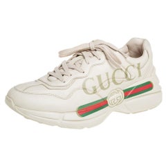 Used Gucci Off White Leather Rhyton Gucci Logo Low Top Sneakers Size 41