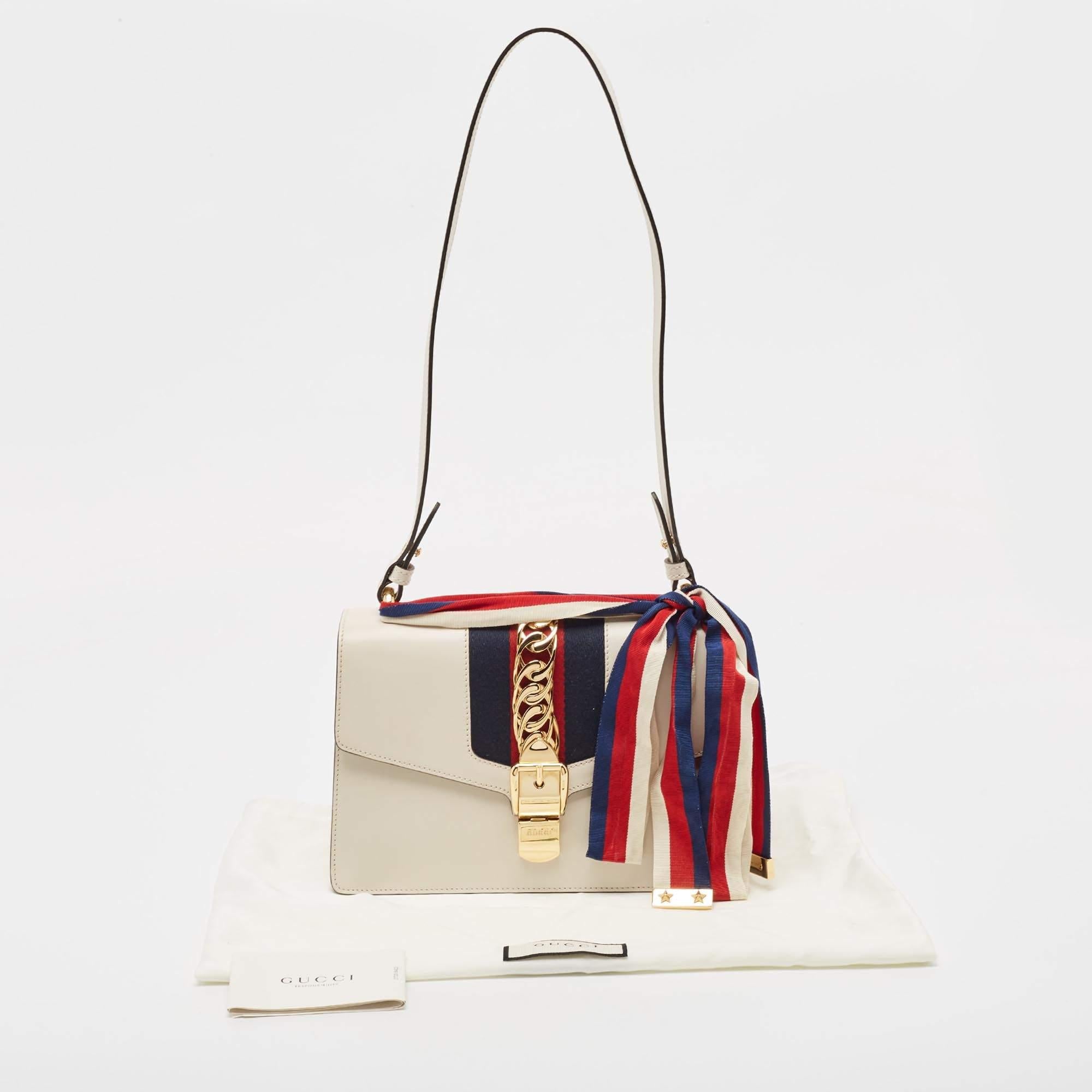 Gucci Off White Leather Small Web Sylvie Shoulder Bag For Sale 11