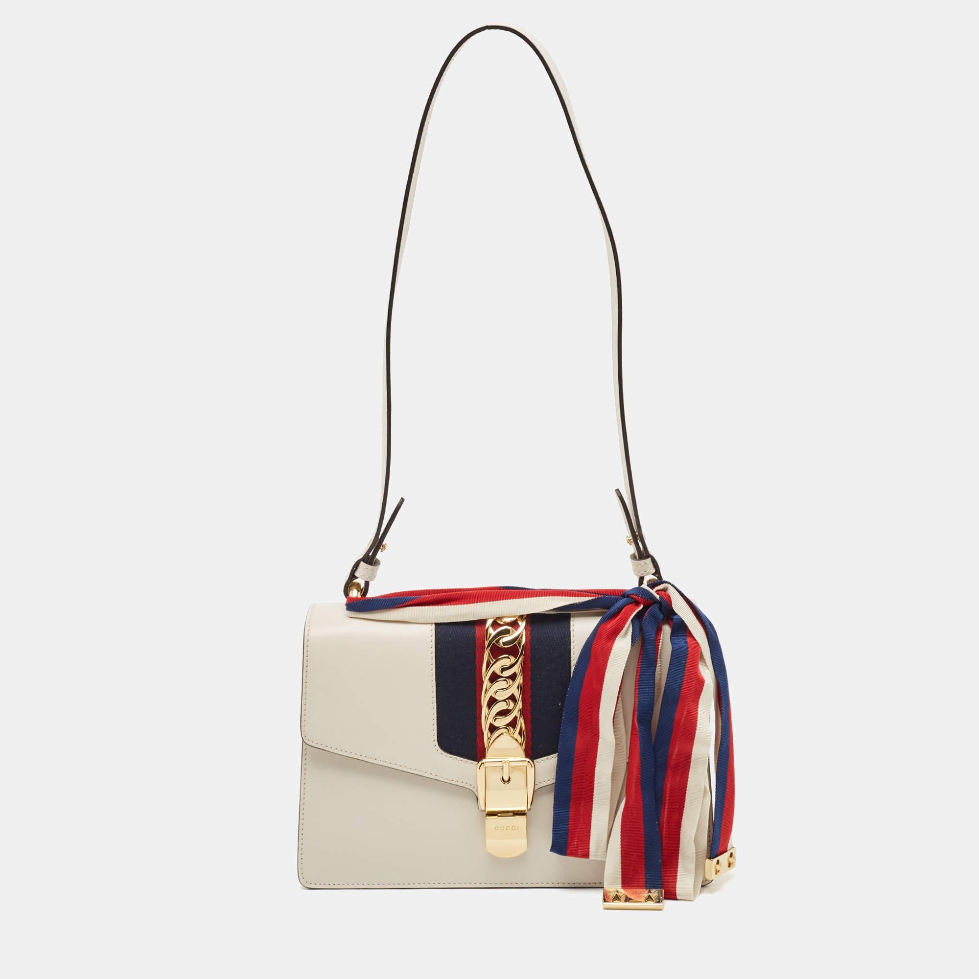 Gucci Off White Leather Small Web Sylvie Shoulder Bag For Sale 1