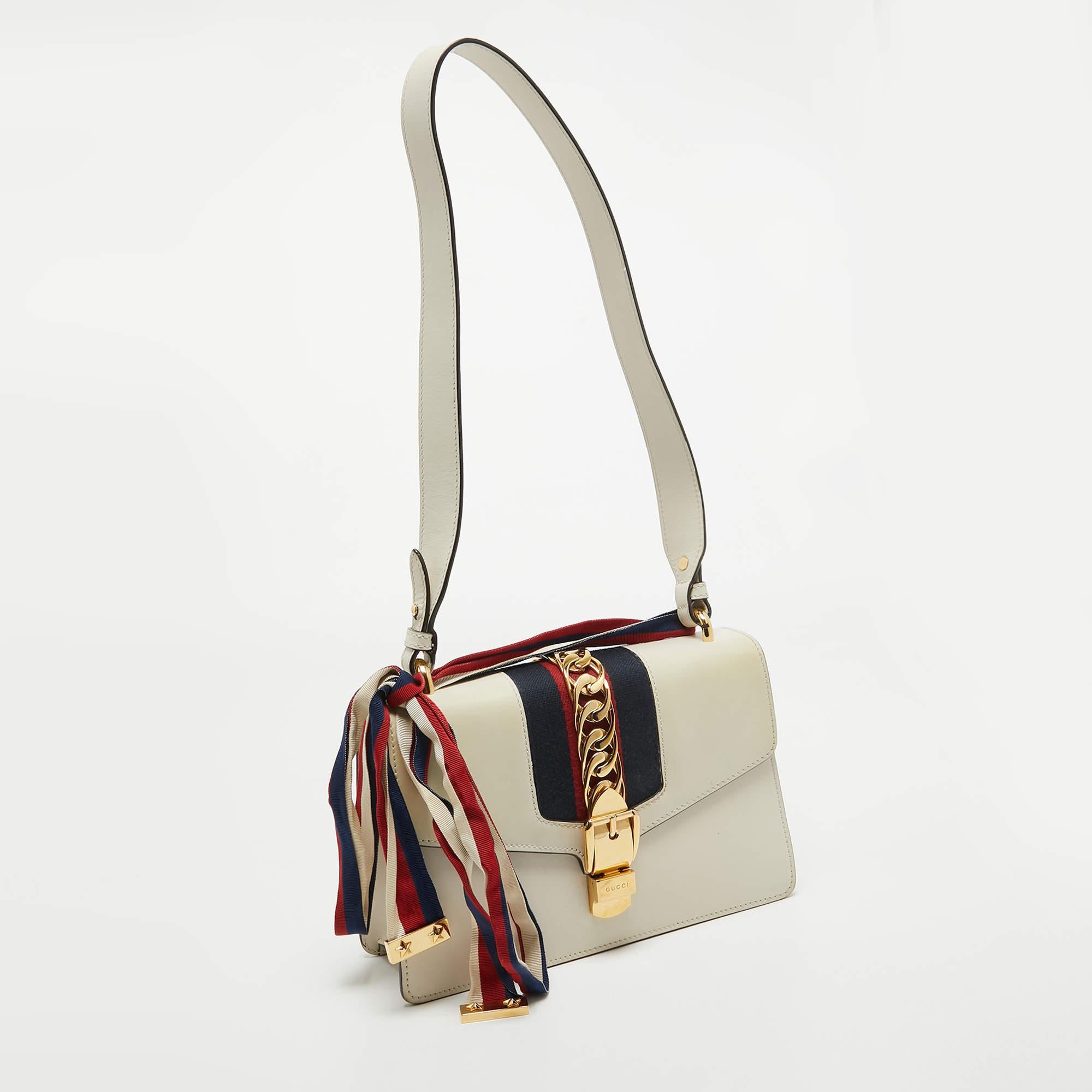 Gucci Off White Leather Small Web Sylvie Shoulder Bag For Sale 4
