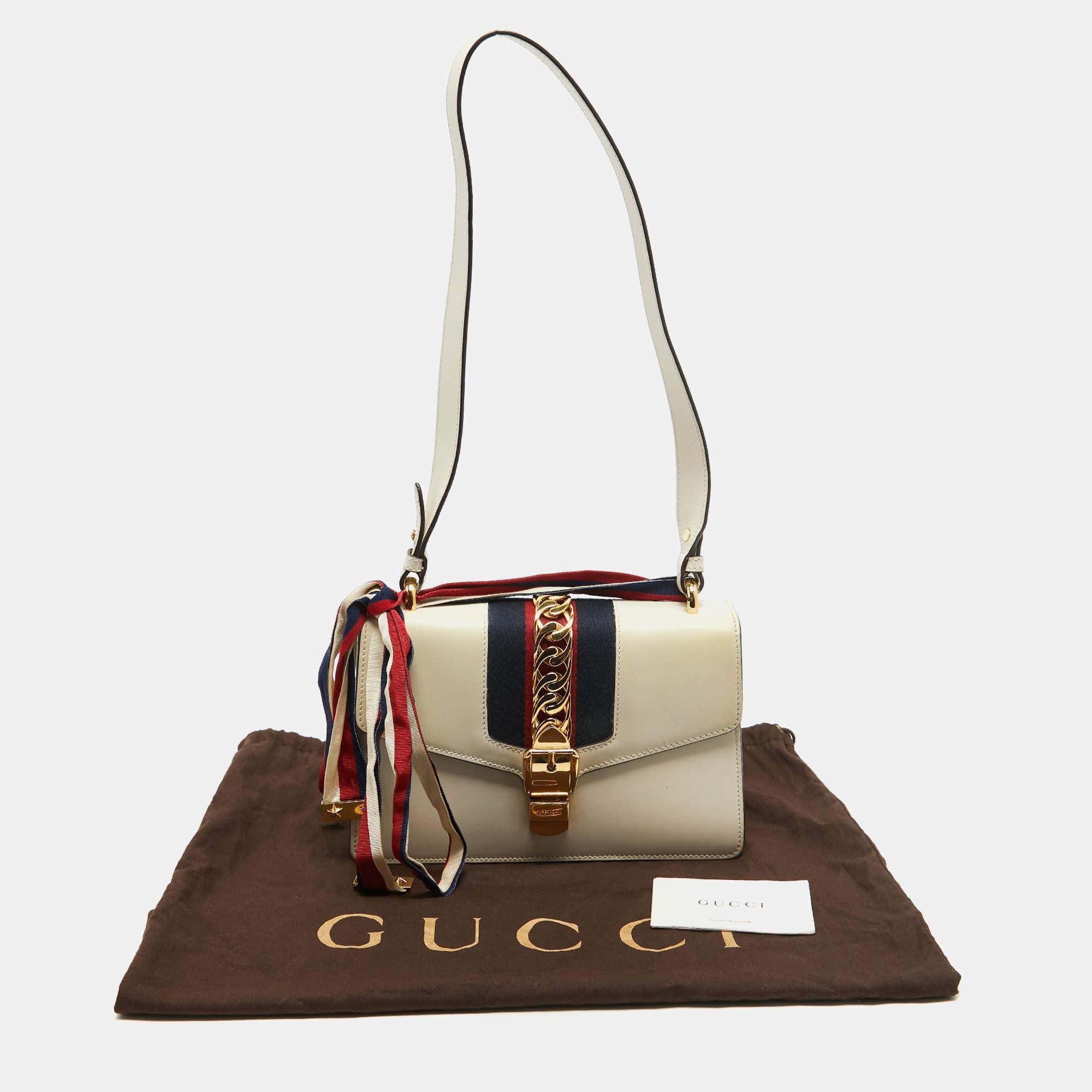 Gucci Off White Leather Small Web Sylvie Shoulder Bag For Sale 5