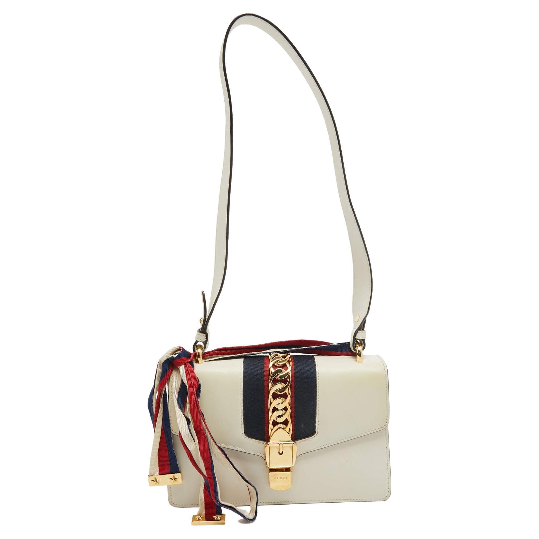 Gucci Off White Leather Small Web Sylvie Shoulder Bag For Sale