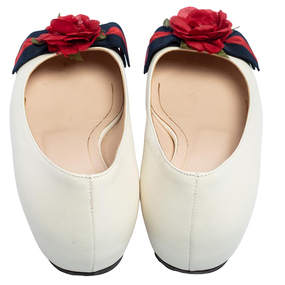 Gucci Off White Leather Web Flower Bow Cap Toe Ballet Flats Size 37.5 1
