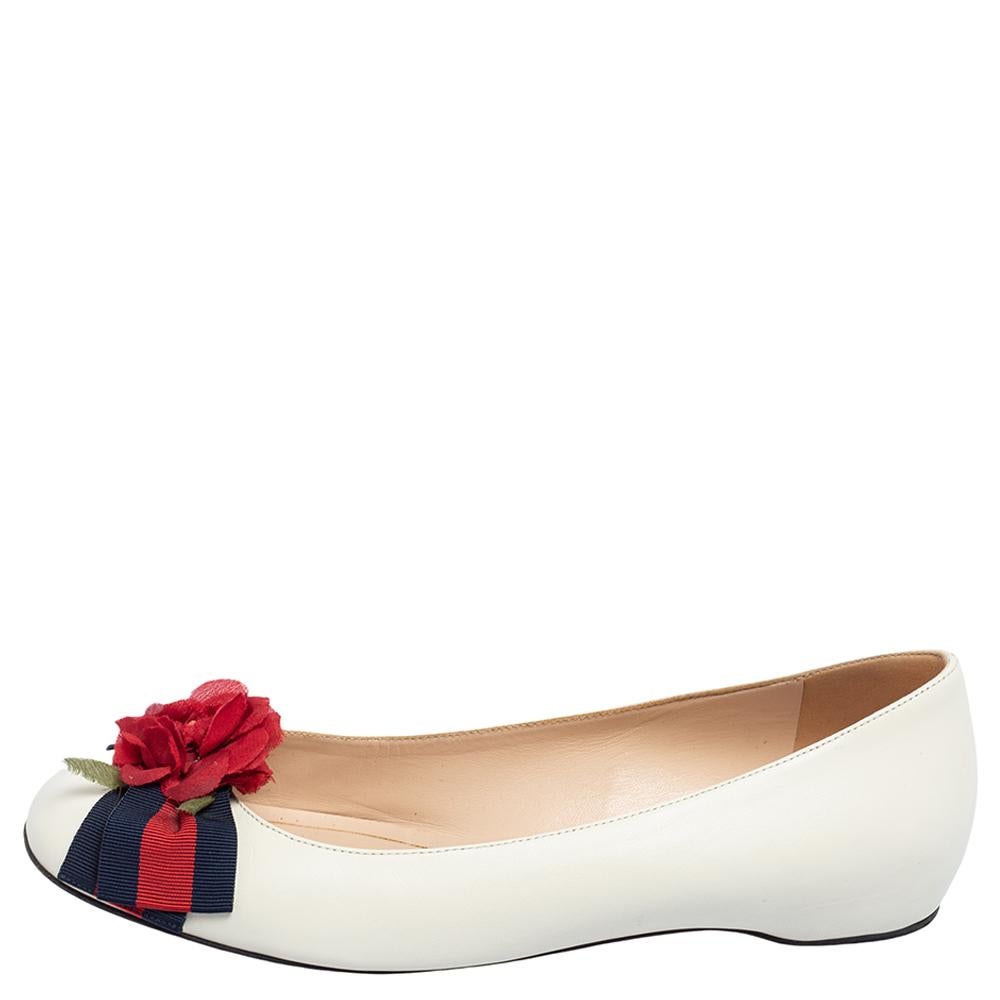 Gucci Off White Leather Web Flower Bow Cap Toe Ballet Flats Size 37.5 2