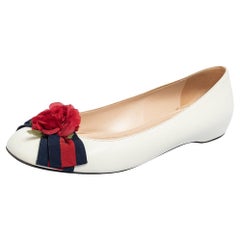 Gucci Off White Leather Web Flower Bow Cap Toe Ballet Flats Size 37.5