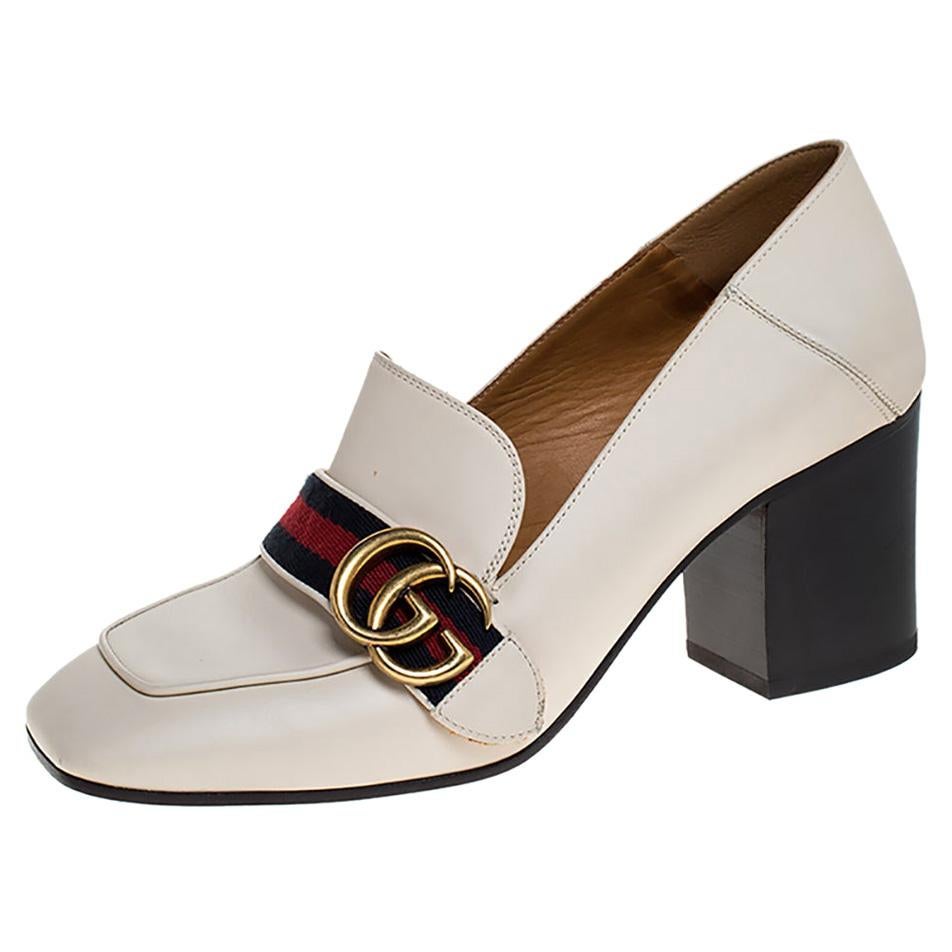 Gucci Off White Leather Web GG Marmont Loafer Pumps Size 37
